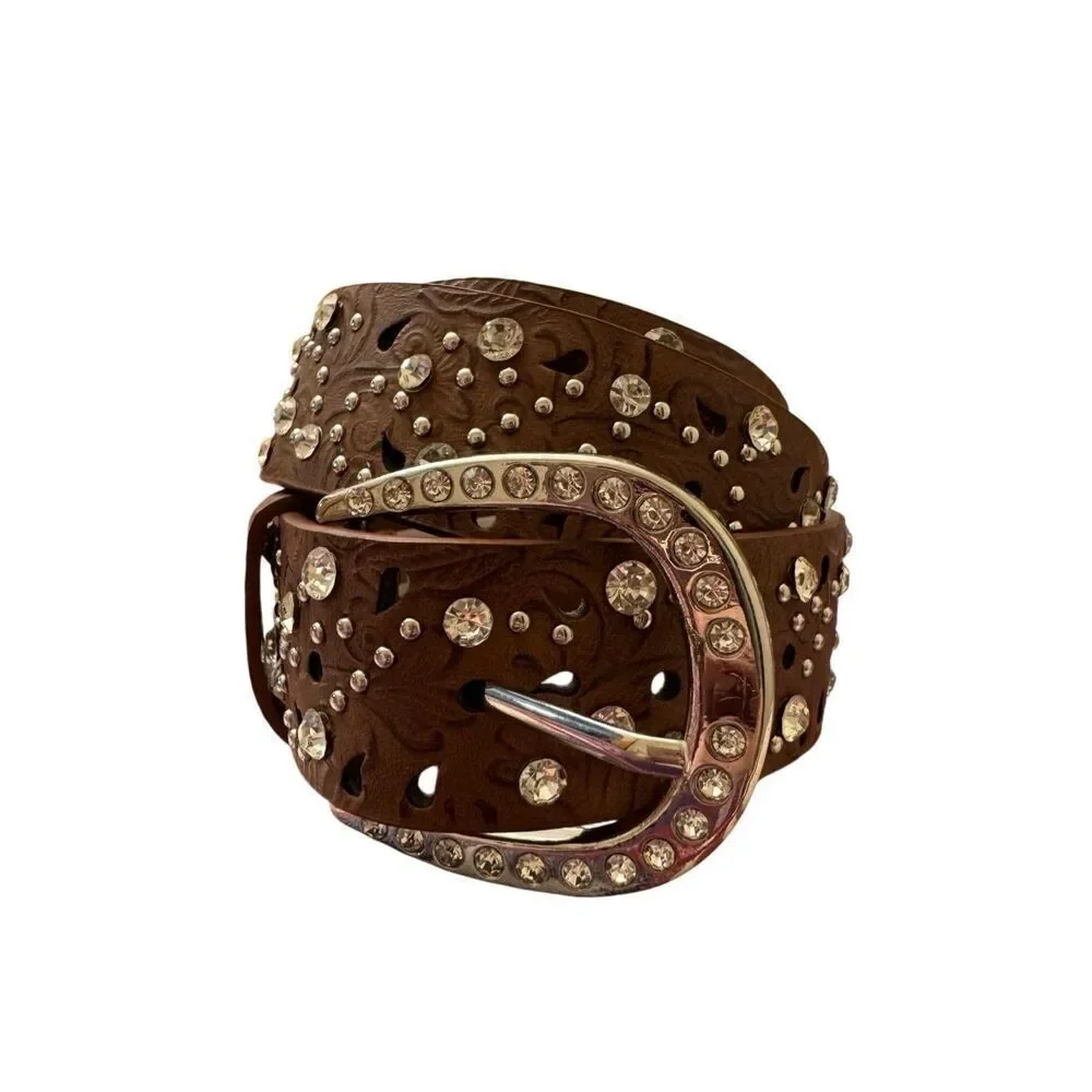 BKE Western Laser Cut Embossed Faux Leather Brown Belt Studded Rhinestones Large